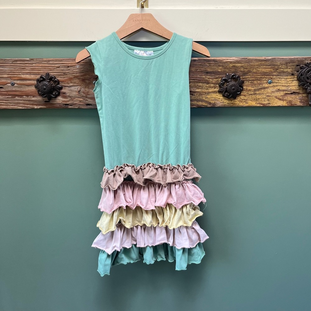Oopsie Daisy Girls Sage Green Tiered Pastel Ruffle Sleeveless Knit Dress Size 5